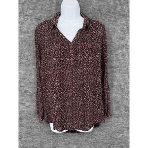 Mudd Blouse Womens M Black Floral Rayon Collared Long Sleeve Henley Tunic Top